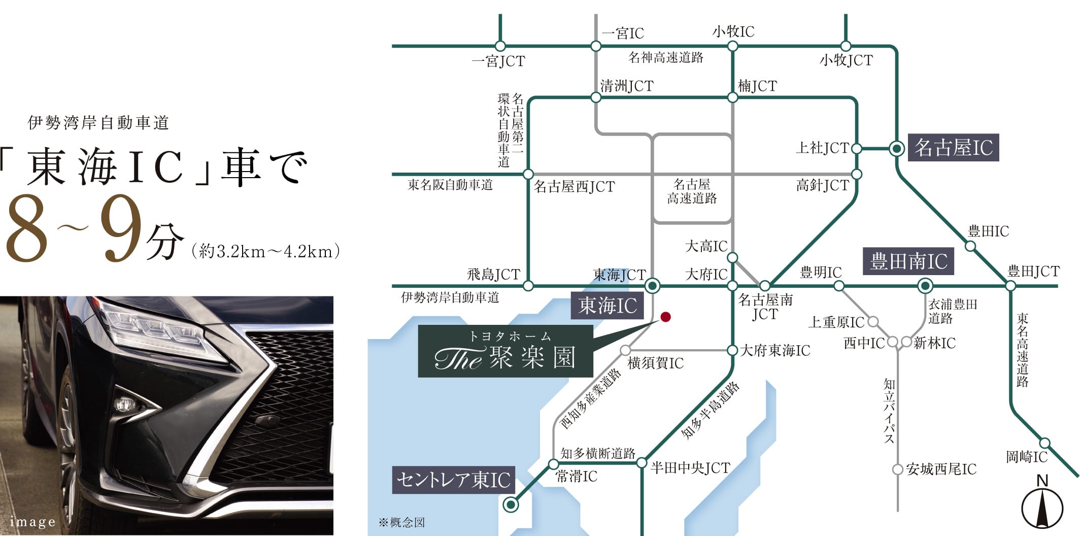 伊勢湾岸自動車道「東海IC」8〜9分（約3.2km〜4.2km）