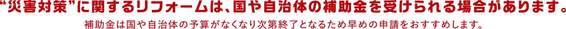 災害対策に関するリフォームは、国や自治体の補助金を受けられる場合があります。