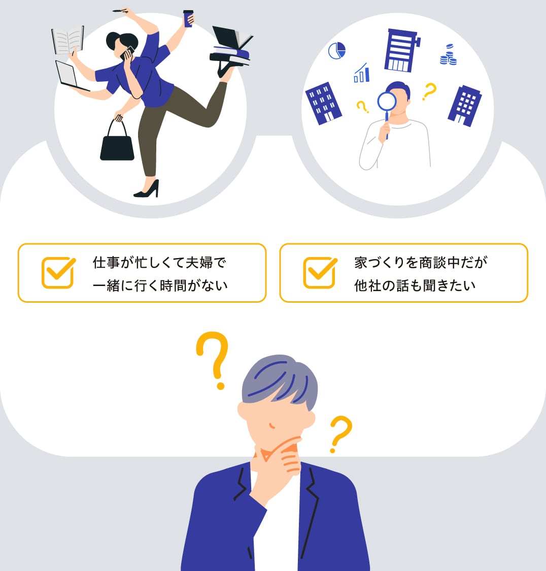 仕事が忙しくて夫婦で一緒に行く時間がない　家づくりを商談中だが他社の話も聞きたい